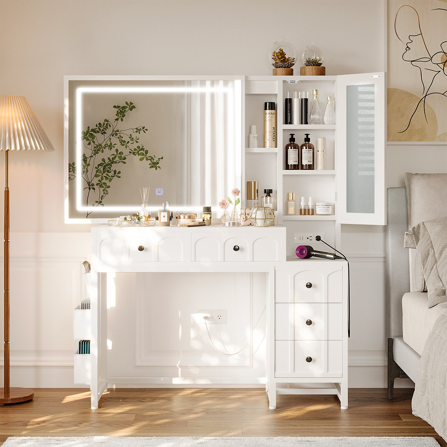 Ivy Bronx 39.4" Vanity Desk With Sliding Mirror And Lights,white Makeup